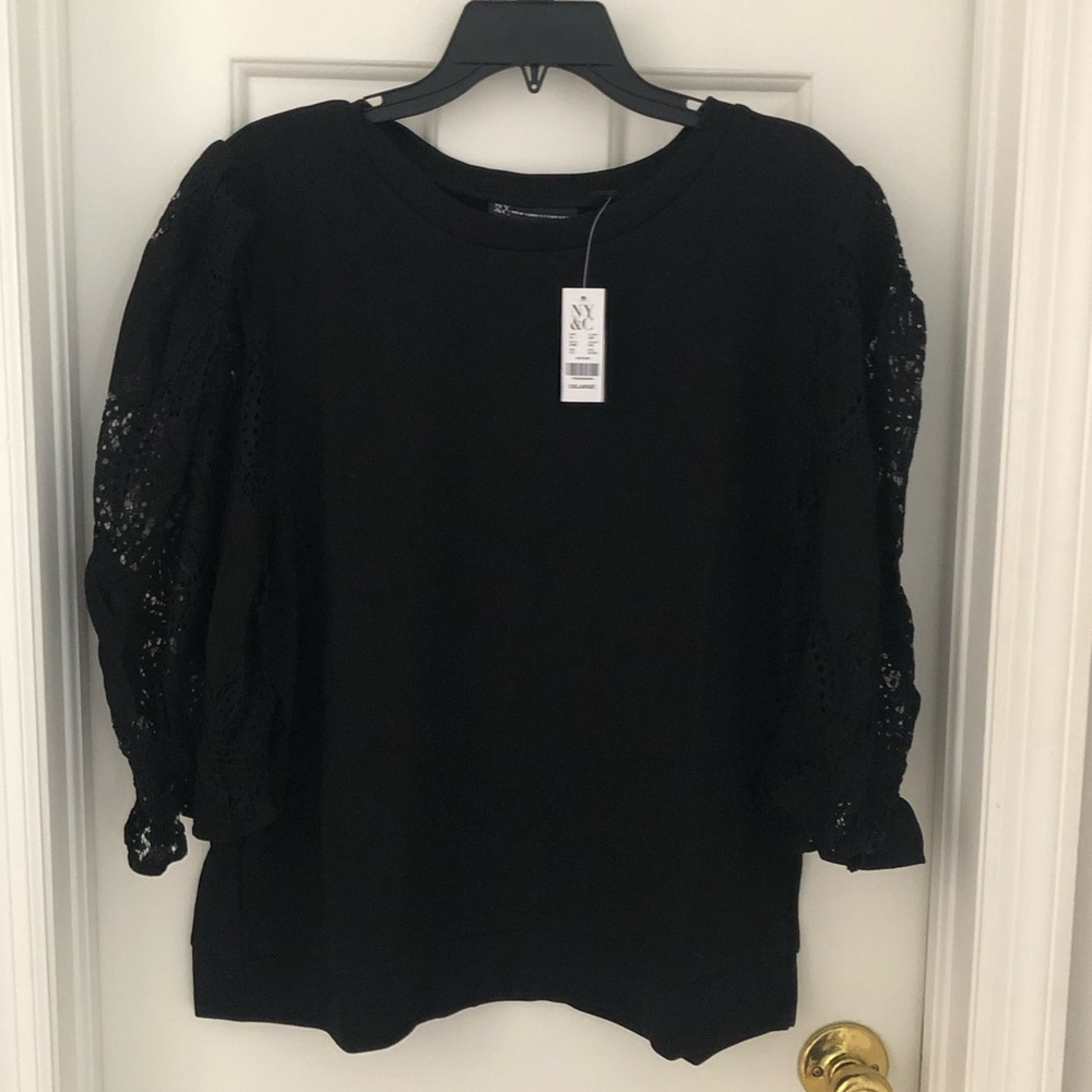 New York & Company Black Lace Puff-Sleeve Shirt